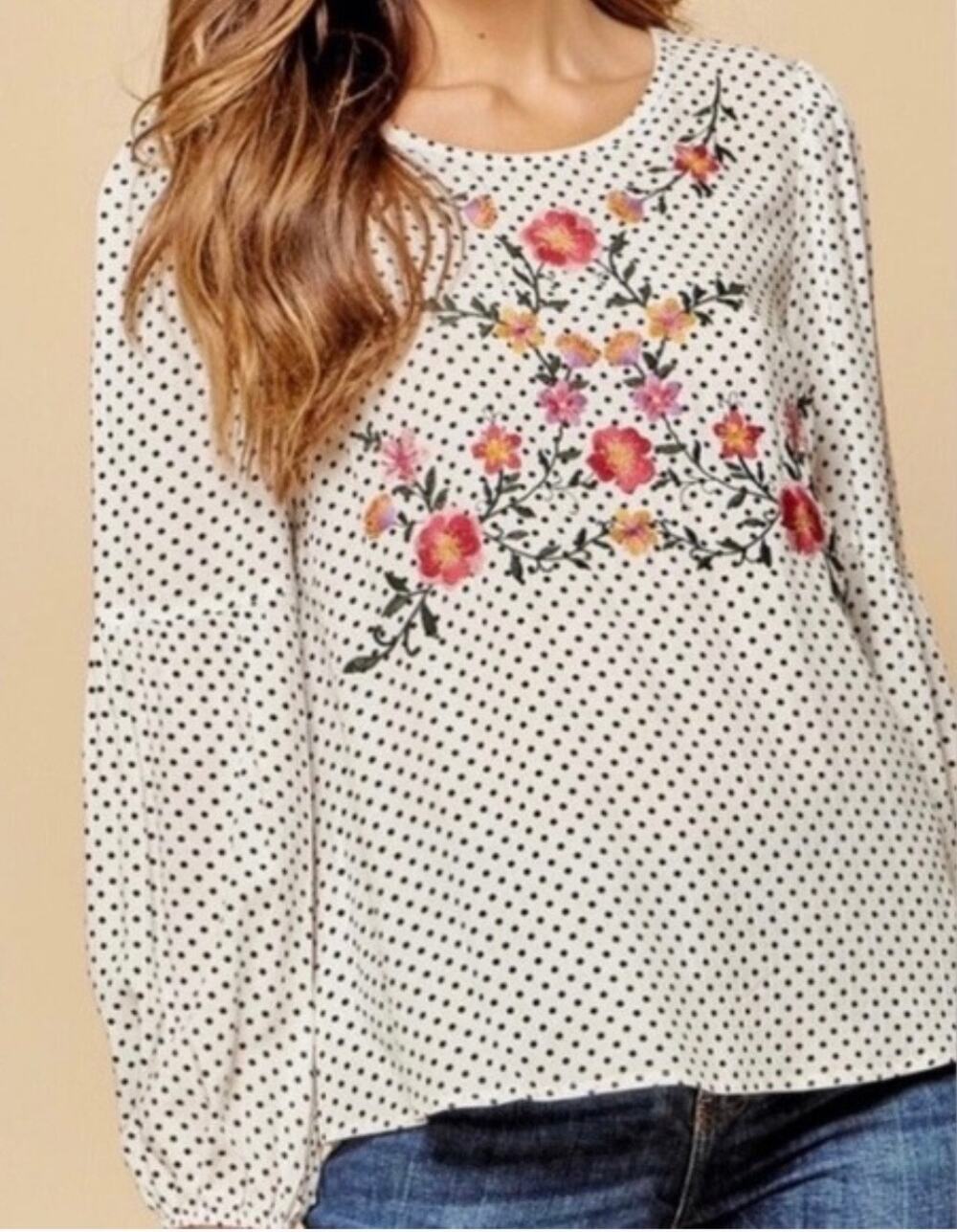 Savanna Jane Embroidered Floral Polka Dot Top S NWOT